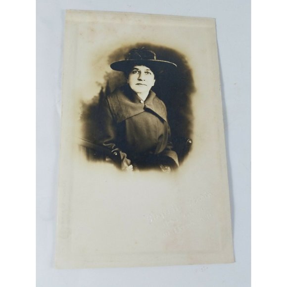 Small Art Vintage Real Photo Post Card Lady in Black Hat & Coat AZO 1910s? - Picture 1 of 7